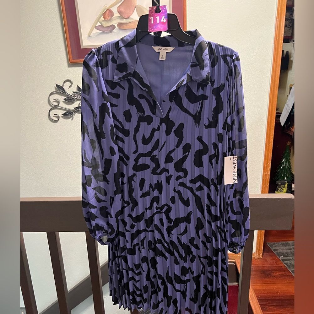 NWT Nine West Blue& Black Abstract Print Long Sleeved Dress Size Small #114